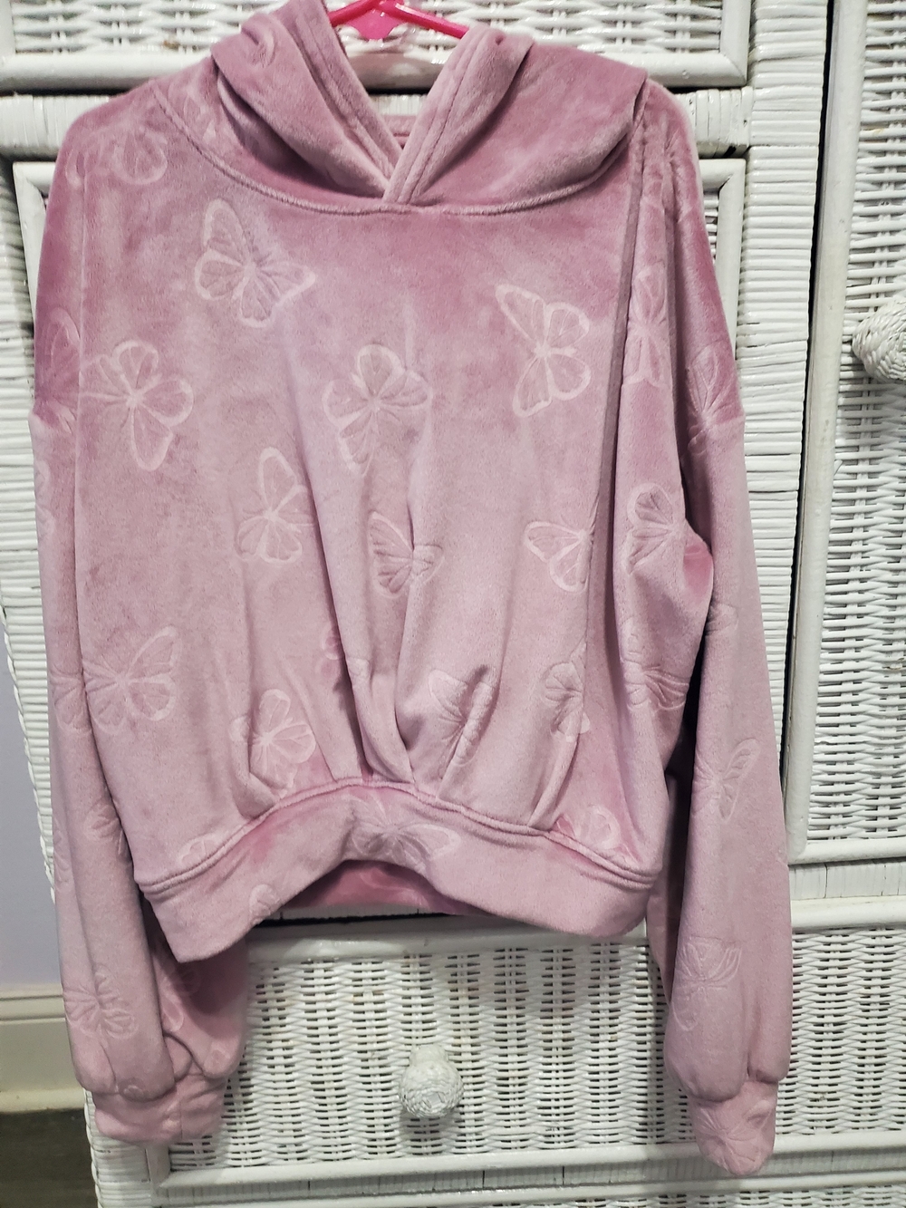 Girls Pink Hooded Velour Pullover with Embossed Butterfly Detail SZ 8